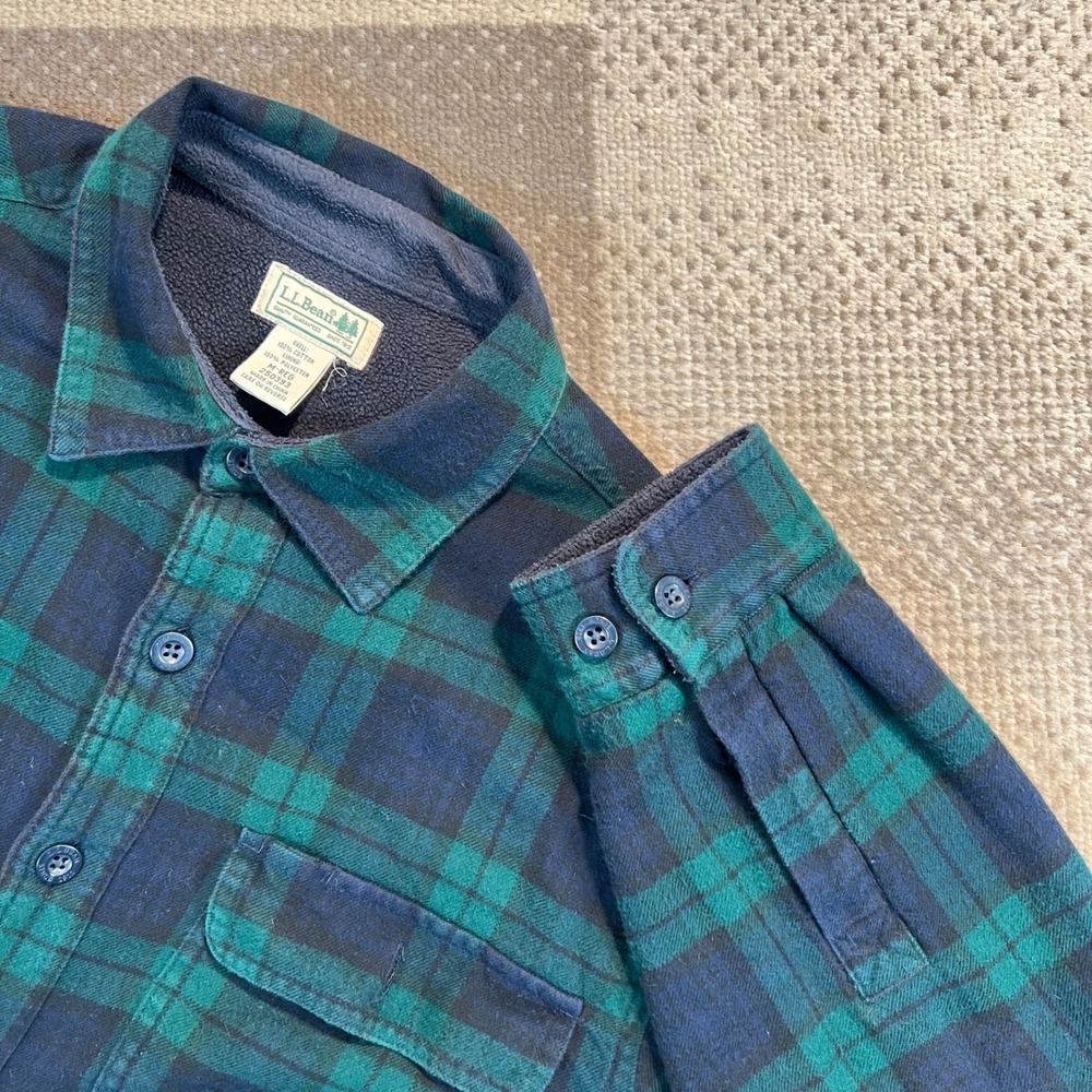 LL Bean Mens Fleece Lined Flannel Shirt Jacket Green Blue Plaid M-Reg 250393